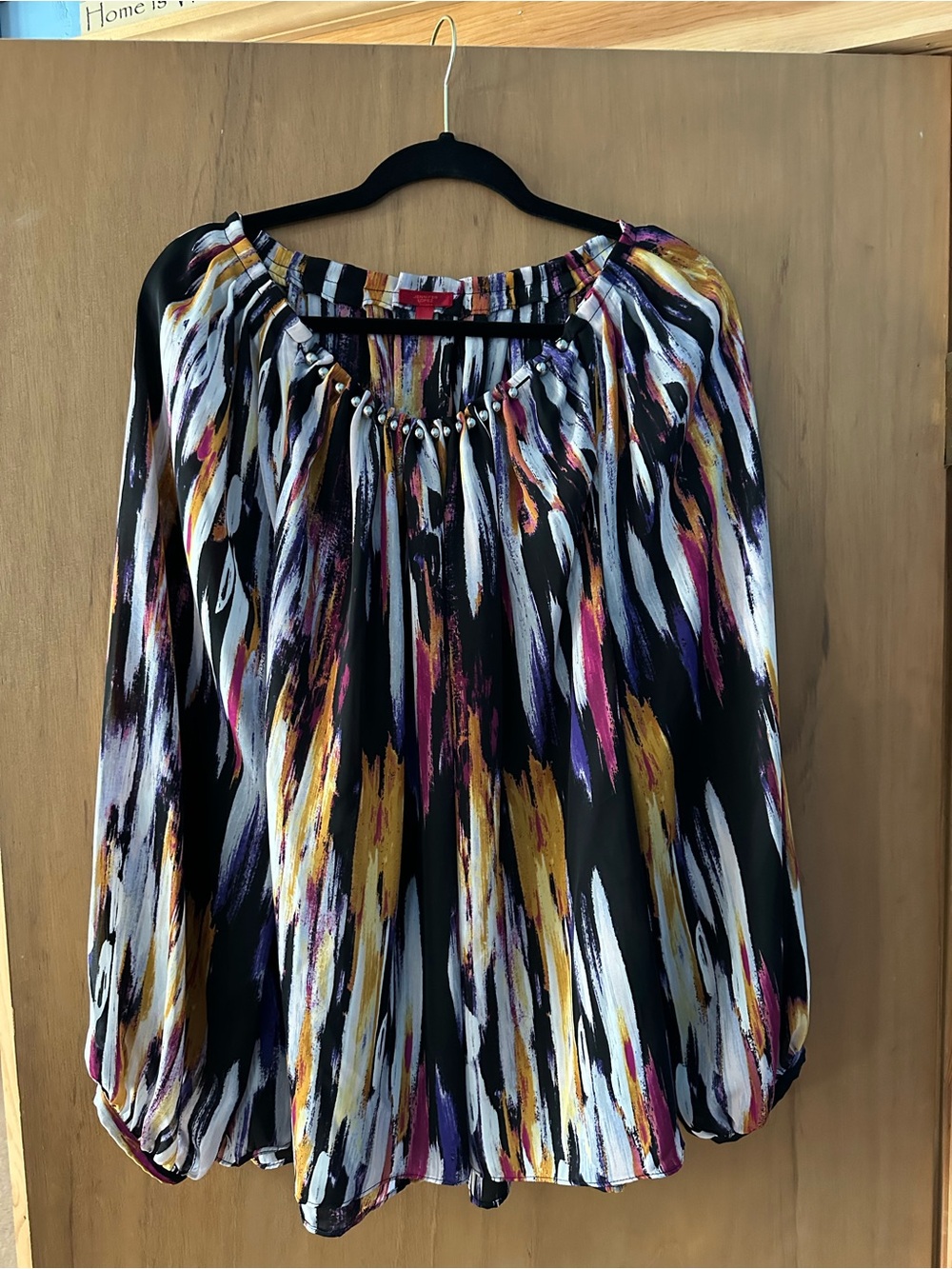 Jennifer Lopez Black Multi-Color Brushstroke Peasant Blouse